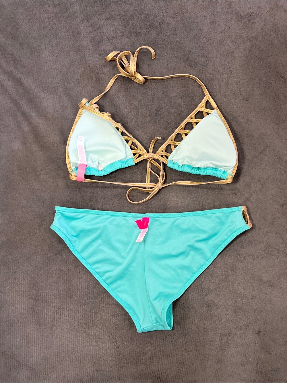 Victoria's Secret Aqua and Gold Lattice Two-Piece Bikini Set MEDIUM - Picture 8 of 11